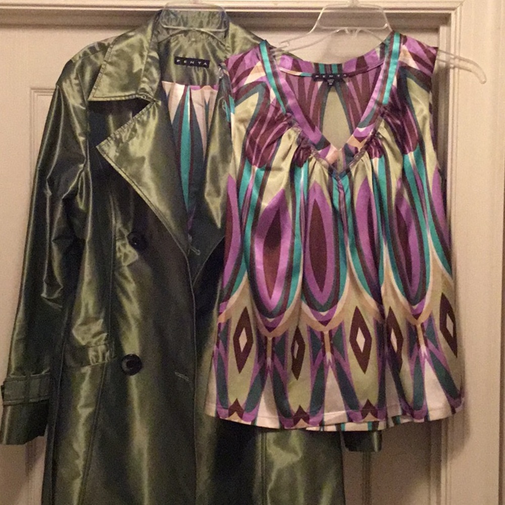 PENTA Green Silkish Jacket with Sleeveless Blouse - Picture 2 of 8